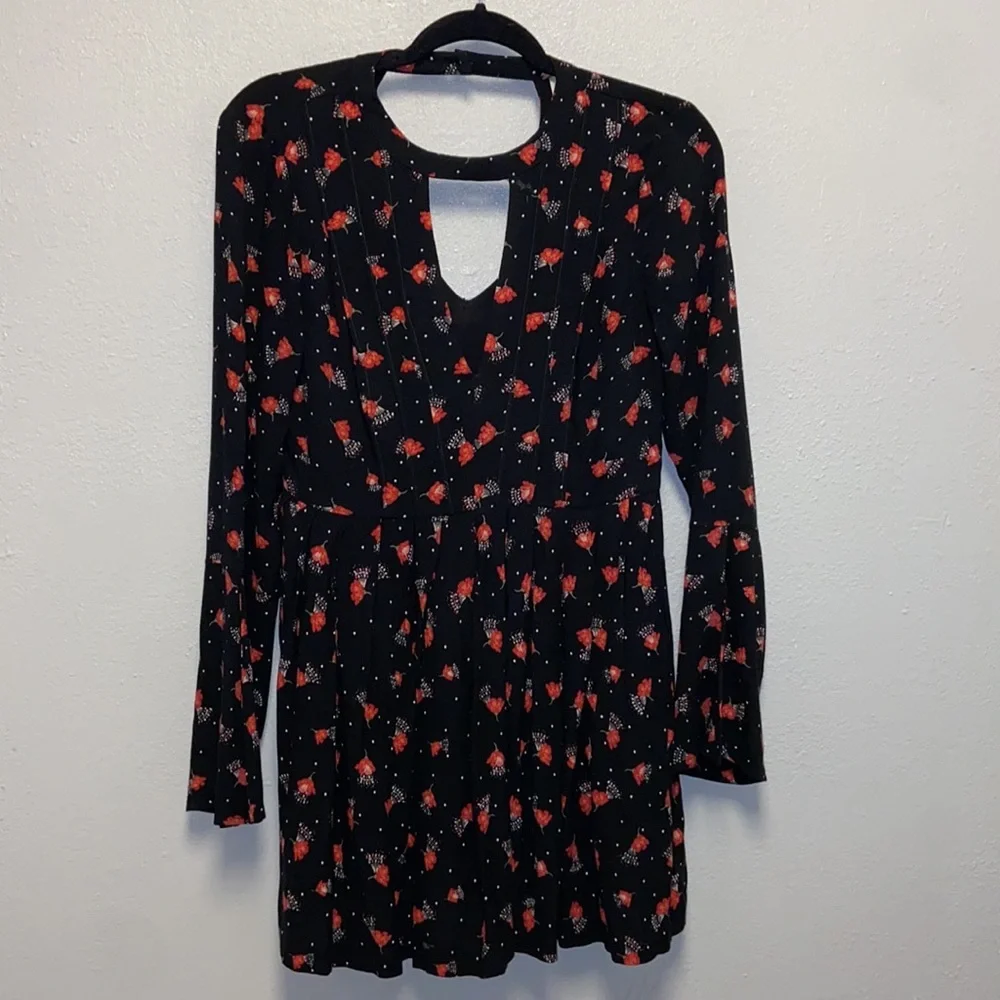Free People Teagan Black Floral Deep V Neck Open Back Bell Sleeve Mini Dress